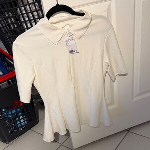 H&M Cream Polo-Style Peplum Top